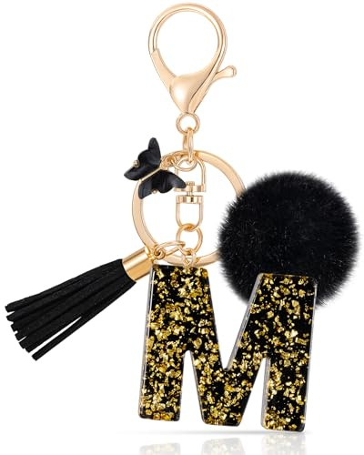 MWOOT Initiale Letter Keychains Porte Clé Lettre M,Alphabet Initial Keyring avec Papillon Pompon Pendentif,Porte-clés Noir Feuille D'or Key Ring pour Femmes Portefeuilles Bagages Charme (M)