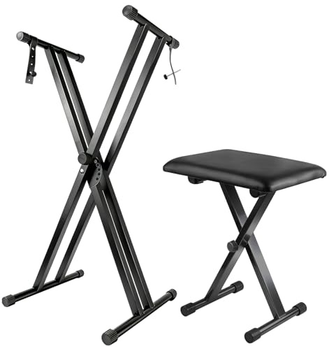 Keyboard Stand Piano Bench Set, 2026 Upgrade Heavy Duty Double X Keyboard Stand Piano Stand, Adjustable&Portable Digital Piano Stand with Locking Straps (Piano Keyboard Stand x 1, Piano Bench x 1), for 54-88 key Electric Pianos