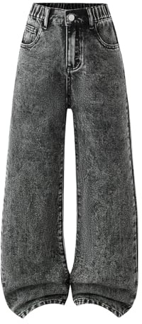 Jean baggy pour adolescentes et filles - Jambe large - Pantalon en jean mignon taille haute tendance vintage Y2K Hip Hop Streetwear taille élastique jambe droite, gris, 11-12 ans