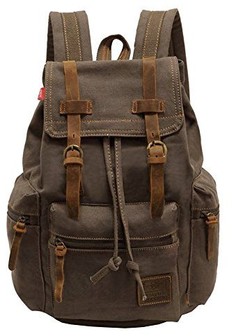 Vintage Unisex Casual Leather Backpack Canvas Rucksack Bookbag Satchel Hiking Backpack Travel Outdoor Shouder Bag (Brown)
