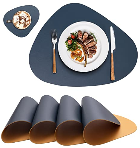 Platzsets Platzdeckchen Abwaschbar Rund,Tischsets rutschfest,Teller Untersetzer Rund,Tischset Lederoptik,Doppelseitigen Platzset und Untersetzer Teller 4er Set Oval(Blau&Gelb)