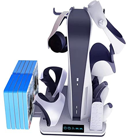 Base de Carga para PS VR2 y para PS5 Controller,Base de Carga de Doble Controlador con luz indicadora de Carga y 10 Ranuras para Discos de Juego