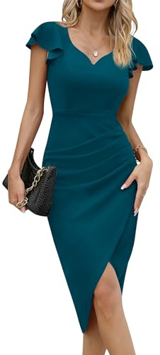 Missufe - Vestido de cóctel para mujer, vestido cruzado, vestido de fiesta, midi, vestido de verano, elegante, bodycon, vintage, vestido con volantes, azul pavo real, XL