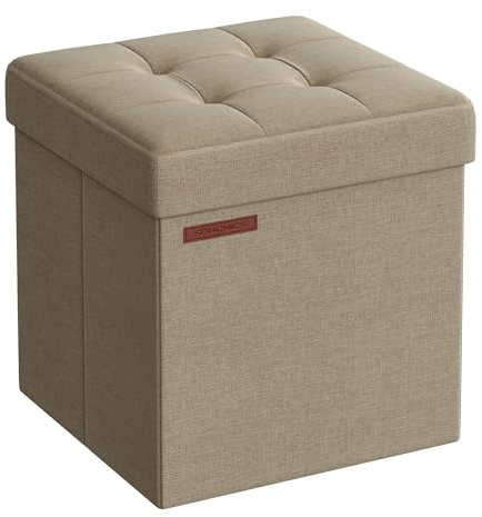 SONGMICS Mazie Collection - Storage Ottoman Cube, 38 cm Folding Foot Rest Stool, Small Ottoman with Storage, Easy Assembly, for Living Room, Bedroom, Dorm, Camel Brown LSF027K01