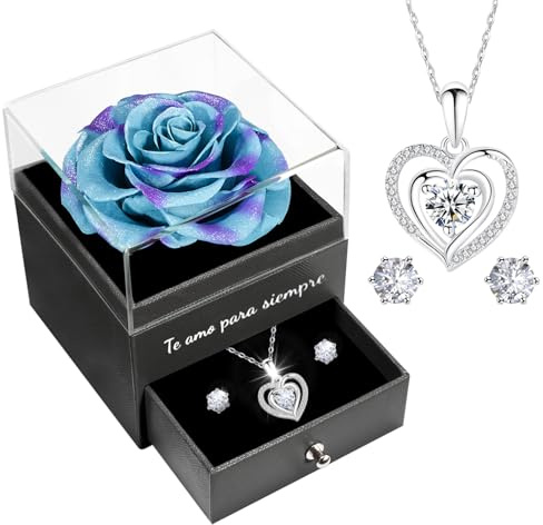 Miofula Rosa Eterna Regalos Originales para Mujer, Flores Preservadas Caja de Regalo con Collar y Aretes, Regalo Aniversario Mujer, Regalos Navidad Mujer Regalo Novia Mama para San Valentin Cumpleaños