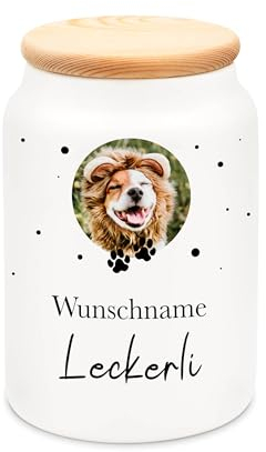 Geschenkfreude Personalisierte Leckerlidose aus Keramik mit Holzdeckel für Hunde mit Foto 650 ml Leckerli Dose Hund - Geschenke Hundebesitzer - Hunde Geschenke Weihnachten Wichteln Geschenkideen