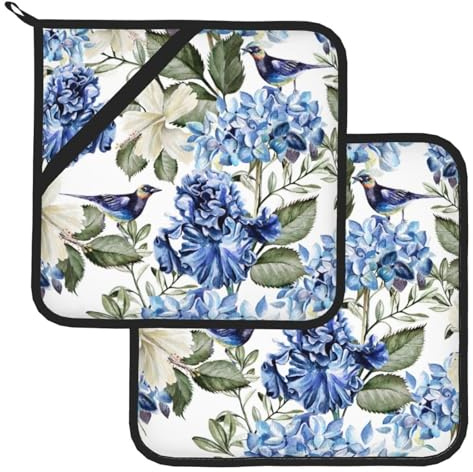 CCOCND Blue Hydrangea Flowers Bird Pot Holder Set of 2,Heat Resistant Potholders Oven Hot Pads for Kitchen Cooking Baking BBQ