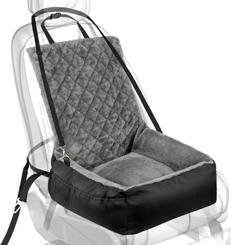 Dog Car Booster Seat for Small Dogs, Black Plush & Cosy Pet Travel Bed with Storage Pocket, Washable & Scratch Proof Pet Car Seat Bed for Back and Front Seat, Comes with a Safety Leash, Black