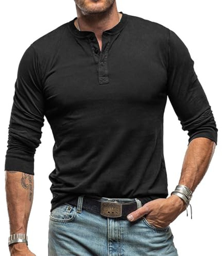 RQPYQF Henley Camiseta Hombre Clásico Camiseta de Manga Larga Casual Camisa Henley de Manga Larga para Hombres CS37 (Negro, XL)
