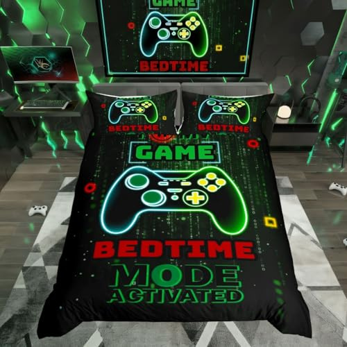 Homewish Gamer Boys Bedding Single Microfiber Reversible Kids Gaming Single Duvet Cover Set for Boys Teens, Neon Modern Gamepad Pattern Bedding Sets, Green Black Bed Sets with 1 Pillowcase