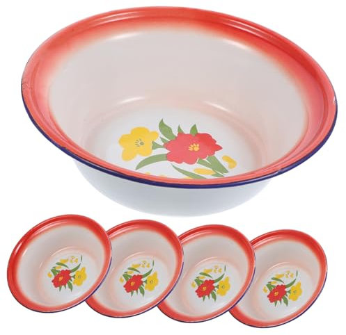 FUNOMOCYA Set 5 Ciotole Smaltate Vintage Da 20 Cm Motivo Floreale, Ciotole Da Campeggio in Metallo Leggero, Per Spuntini, Zuppe e Servire Frutta, Design Retrò Per Uso Domestico e Outdoor