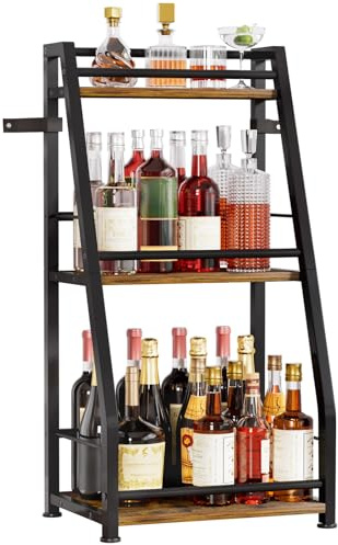 Yorbay 3-Stöckiges Freistehendes Weinregal mit Geländer: Modern Metall-Holz Flaschenregal für Wein und Weingläser - Trapezförmiges Weinflaschenhalter für Bar Küche Esszimmer