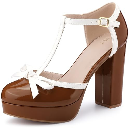 Allegra K Women's Platform Bow t Strap Chunky Heels Pumps, Brown, 7 UK