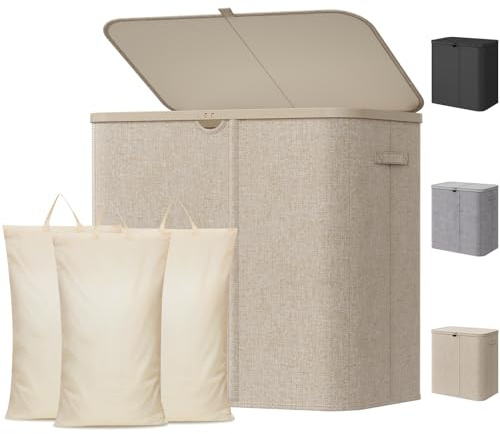 Lifewit Cesto Portabiancheria con Coperchio, Grande Portabiancheria Pieghevole a 3 Scomparti con Sacchi Rimovibili, Laundry Basket per Camera da Letto, Bagno e Lavanderia, 150L, Beige