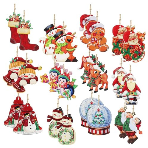 Set di 24 decorazioni per albero di Natale in legno - Decorazione per albero di Natale - Decorazione di Babbo Natale - Ciondolo in legno - Adatto per la decorazione di feste