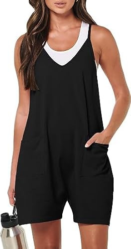 YGJIEGENG Womens Dungarees Summer Rompers Casual Sleeveless Spaghetti Strap Shorts Jumpsuit Overalls Wide Leg Short Romper Outfits with Pockets,Black,L