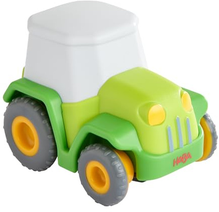 HABA Cars Traktor – Spielzeugauto ab 2 Jahren mit Schwungmotor & Anhängerkupplung – Nachhaltiges Bauernhof-Fahrzeug aus Recycling-Kunststoff, 8,5 cm – 2013382001
