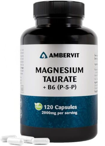 Taurato de Magnesio con Vitamina B6 P-5-P – 120 Cápsulas Veganas – 2000mg por Dosis, 160mg de Magnesio Elemental – Fórmula Ligada a Taurina – 30 Días – Made in EU – Ambervit
