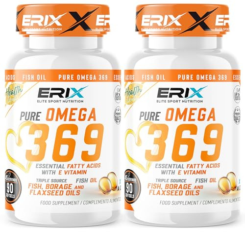 ERIX Nutrición Omega 3-6-9 Complejo Pack de 2 (180 Perlas) - Aceite de Pescado, Lino y Borraja - Con EPA, DHA, ALA y GLA - Suministro para 3 Meses - Enriquecido con Vitamina E - Nutrifight