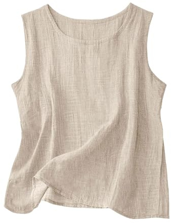 Innfttwo Womens Cotton Linen Tank Tops, Summer Sleeveless Vest Tops Ladies, Breathable Lightweight Crew Neck Casual Blouse, Loose Fit Plain Cami for Holiday Beach Daily Wear