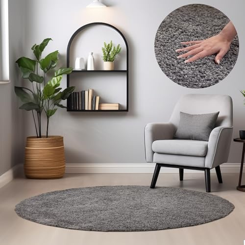 Tapis shaggy rond à poils longs Idéal pour le salon Différentes couleurs et tailles au choix, Polypropylène, gris, 200 cm Rund
