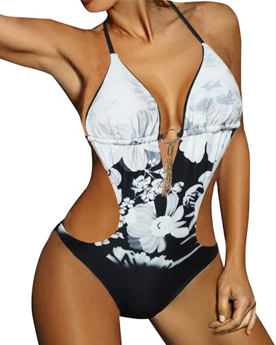 JFAN Maillot de Bain Femme 1 Pieces Sexy String Col V Halter Monokini Plage Bikini Lace Up Imprimé Maillot Une pièce rembourré Push-up Bikini Trikini Beachwear Été
