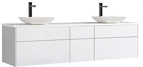 StoneArt Badmöbel Set Mineralguss Waschbecken Waschschale Aufsatzwaschbecken und Unterschrank Waschtisch Einzel- oder Doppelwaschbecken Venice VE-2000pro-2 weiß 200cm