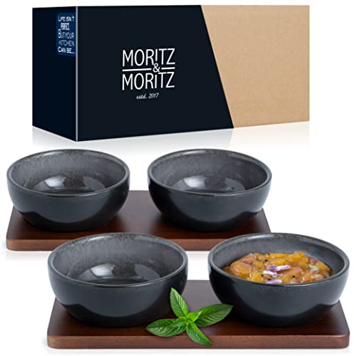 Moritz & Moritz VIDA 4X Dip Bowl Set with Wooden Tray - 10cm Porcelain Sushi Dishes - Ideal for Sauces Dips Small Appetizers Snacks and Desserts - Elegant Serving Set