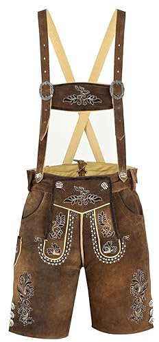 RIDEX Men's Bavarian Oktoberfest Antique Leather Lederhosen Short Trouser with Matching Suspenders (32W) Brown