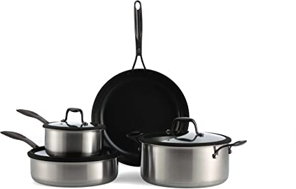 BK Ceramic Black Stainless Steel 7-teiliges Edelstahl-Kochgeschirr-Set mit PFAS-Frei keramischer Antihaftbeschichtung, Bratpfanne, Kasserolle, Stieltöpfe, Induktion,spülmaschinen- und ofenfest,schwarz