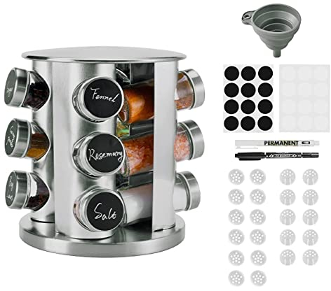 Miorkly Rotating Spice Rack Organiser - 12 Glass Spice Jars, Thick and Strong, Free Standing Carousel, 360° Rotation