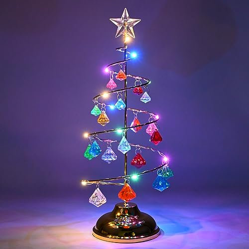 Christmas Crystal Tree Lights 13 Inch Tabletop Christmas Tree Decoration Christmas Tree Lamp with LED and Crystal Pendant Christmas Desktop Decoration for Home Wedding Party Winter Decor (Multicolor)
