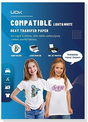 UIOK Bügelfolie zum Bedrucken, Transferpapier Bügelfolie für Helle Textilien A4X15 Blatt Transferpapier zum Aufbügeln,T-Shirt Folie zum Aufbügeln für Handbemalt Tintenstrahldrucker & Laserdrucker