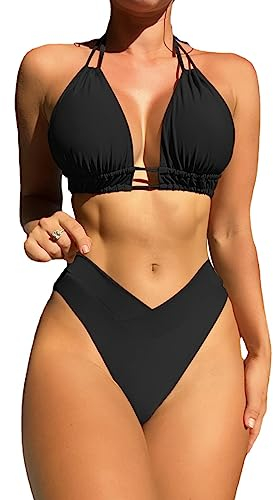 TOEECY Bikini Set Damen Halter Neck Ruched Cut Out Badeanzüge Bademode Zweiteiliger Badeanzug Push Up High Waist Sexy Schwimmanzug Swimsuit (Schwarz,L)
