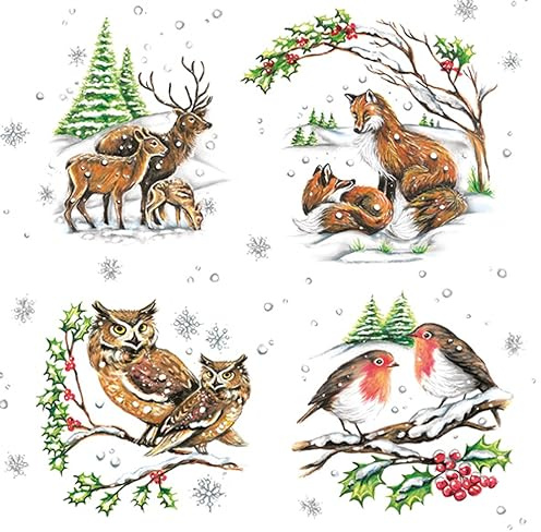 3-Ply Xmas Decoupage Tissue Paper Napkins Decorative Christmas Serviettes 33cm x 33cm - Pack of 20 (Winter Animals)
