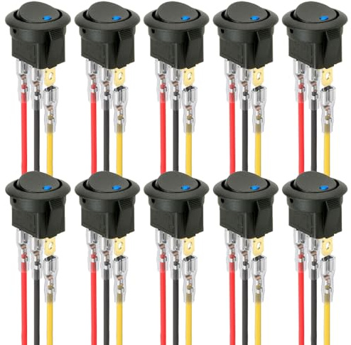 ETOPARS 10 Pièces 12V 20A Interrupteur à Bascule Rond Bleu LED Lumière Interrupteur à Bouton Poussoir Voiture Étanche ON/OFF Interrupteur à Bascule 3 Broches Avec Câble