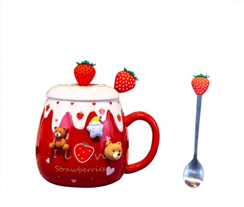 soulnioi Cute Ceramic Mug Strawberry Cup with Lid and Spoon, 450ml Kawaii Cup for Tea Milk, Gifts for Girls/Women (Red Strawberry)