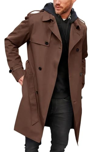 Runcati Gabardina para hombre con doble botonadura y solapa larga, chaqueta de negocios con cinturón, marrón, XL