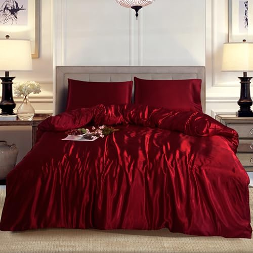 ROOEE Silk Satin Duvet Cover with Pillowcases Bedding Set for Single Double King Size Bed Easy Care Luxury Ultra Soft Quilt Cover (BURGUNDY, Single)
