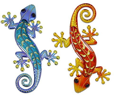 HONGLAND Metal Gecko Wall Art- 15 Inch Lizard Outdoor Decor Hanging Glass Sculpture, 2 Pack Gecko Wall Art Decorations for Garden Fence Home