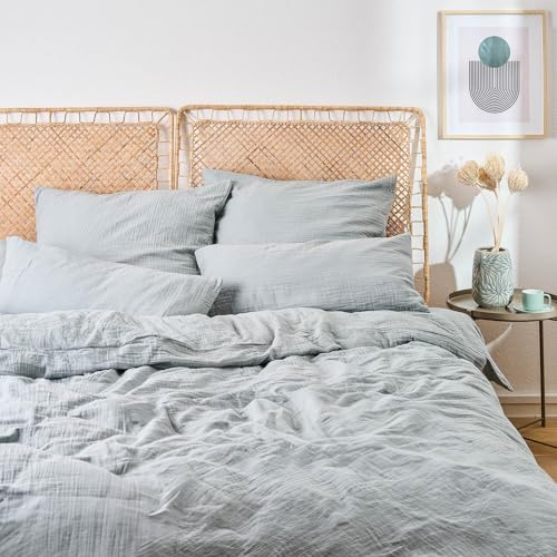 Blumtal Musselin Bettwäsche 135x200 cm + 40x80 cm - Oeko-TEX zert. Bettwäsche Musselin aus 100% Baumwolle - extra weiches Bettwäsche-Set waschbar bei 40 °C - Sommerbettwäsche Blau