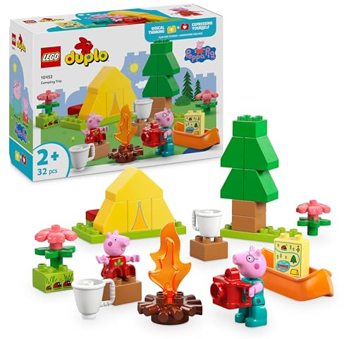 LEGO DUPLO Peppa Pig Gita in Campeggio con Papà - Giochi Montessori per Bambine e Bambini da 2 Anni - con Tenda, Canoa, Falò e 2 Personaggi - Sviluppo Motricità Fine e Abbinamento dei Colori - 10452