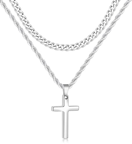 Fiusem Cross Necklace for Men, Silver Tone Mens Cross Necklaces Layered Cross Chain and Stainless Steel Cross Pendant Small, Cuban Link Rope Chain 18in/20in Jewelry Gift