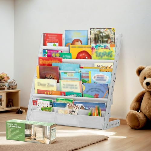 COSYLAND 6-Tier Kids' Bookshelf - Toddler Book Display Shelves for Classrooms, Playrooms, and Nursery - Wooden Bookshelf for Kids' Rooms (29.52 Inches, White)