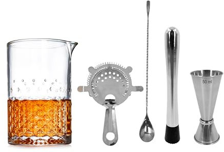 Chabrias Ltd Stainless Steel Cocktail Mixing Set – 5-Piece Bartender Kit with 24oz Mixing Glass, Hawthorne Strainer, Jigger, Bar Spoon & Muddler for Home or Professional Bar Use