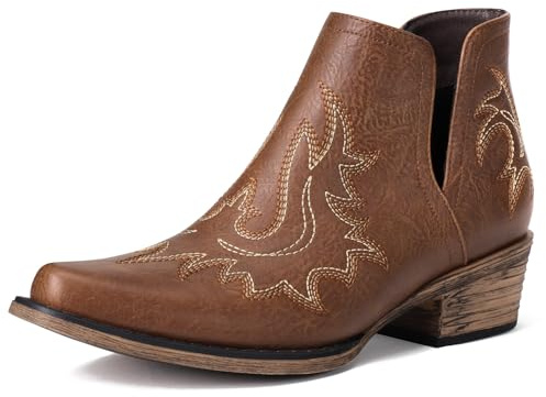 Rivalran Brown Ankle Cowboy Boots for Women - Cowgirl Booties, Western Short Boots Chunky Heels Pointed Toe US6.5 BRN