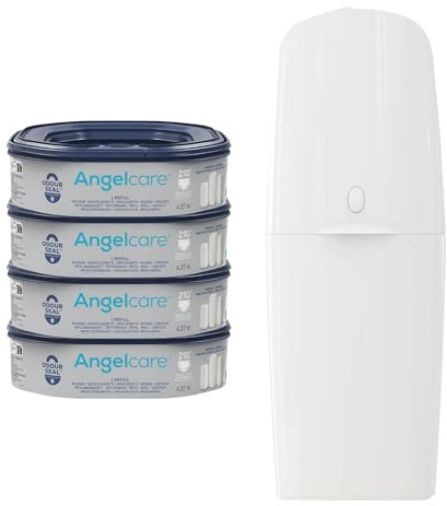 Angelcare Poubelle à Couches Classic XL avec 4 Recharges octogonales Poubelle à Couches (4 mois, 720 couches emballées) – Anti-Odeur Haute Capacité