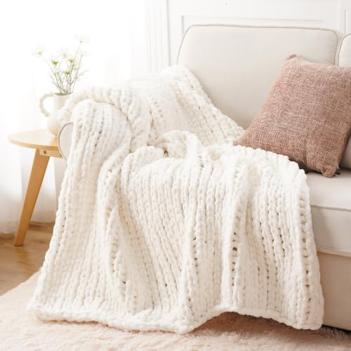 Battilo Chunky Knit Blanket Throw Cream White Chenille Sofa Throw 125x150cm | Handmade Cable Knit Crochet Blanket, Soft Thick Large Rope Knot Throw Blankets for Bed Home Decor
