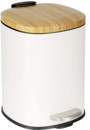 Wenko Cestino per Cosmetici MOD. Fianema Elegante Contenitore a Pedale 3L Design Bianco e bambù Easy-Close Acciaio plastica 17x23,5x21 cm Naturale