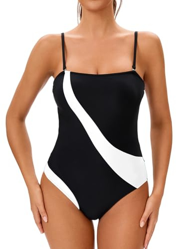meioro Women One Piece Swimsuit, Swimming Costume Tummy Control Swimsuits, Sport Scoopback Bathing Suit with Removable Foam Cups, Athletic Padded Swimwear, Bathing Suits Beachwear (Black and White，M)